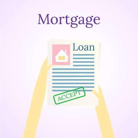 Mortgage loan icon. House buy. Real estate illustration. Home and hands. Vector image.のイラスト素材