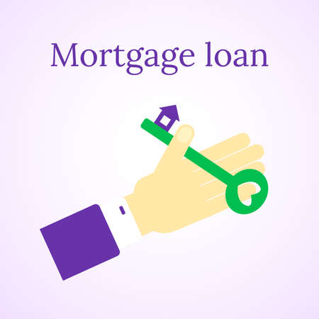 Mortgage loan icon. House buy. Real estate illustration. Home and key. People hand. Vector image.のイラスト素材