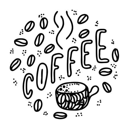 coffee lettering phrase. One word color quote. Mug and beans. Circle round design form. Vector illustration art.のイラスト素材