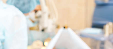 Cool medical blur background. Ambulance veterinary room. Blue hospital corridor. Dentistry medicine...