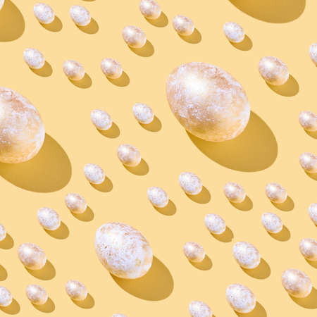 Eggs set. Many food protein. Colorful bright background. Hard shadow. Easter sun pattern. Color decorative paint art. Traditional cuisine top view. Flatlay. yellow goldenの写真素材