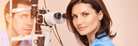 Eye doctor diagnostic. Patient at medical clinic. Cataract ophthalmology exam. Astigmatism...