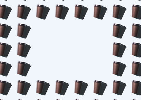 Plastic coffee cup. Many togo mug. Paper drink glass frame. Cafe lockdown work. Repeat takeaway carton beverage. Coffeehouse latte or tea container. Modern wallpaper. Black and blueの写真素材