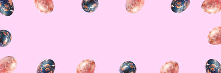 Many different eggs. Happy easter banner. Flatlay pattern. Above view. Creative trend decoration. Bright colored cover. Set of colorful food. Spring background. Pink, blue, gold. Horizontal frameの写真素材