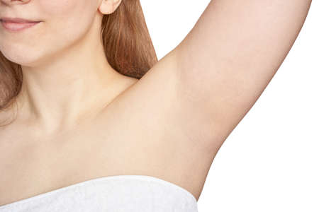 Girl underarm. White woman armpit. After epilation collage. Wax depilation result concept. Laser hair removal. sugaring spa procedure. Health care home routine. IPL treatment. Isolatedの写真素材