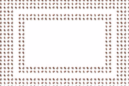 Many coffee beans at white background. Isolated seeds. Roast arabica restaurant concept. Taste energy brown morning beverage. Cafe wallpaper. Frame with copyspace.の写真素材