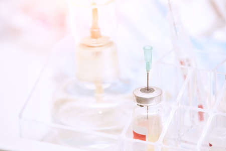 Surgery tools. Operation room inside. Blue color. Microsurgery procedure equipment. Metal instruments. Medicine treatment concept. Table for ophtalmology nurse. Copyspaceの写真素材