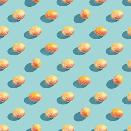 Eggs set. Many food protein. Colorful bright background. Hard shadow. Easter sun pattern. Color...