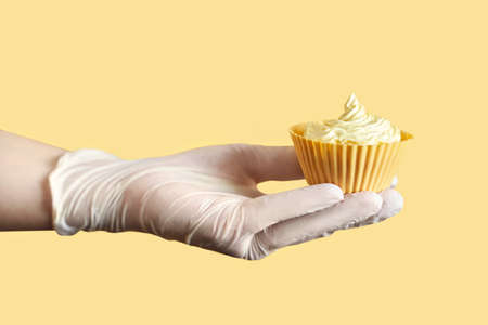 Yellow monochrome bakery. Sustainable cupcake cup.の写真素材
