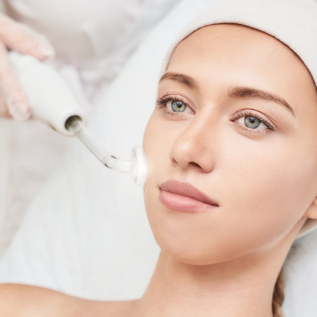 Darsonval cosmetology apparatus. Face cleaning procedure. Salon skincare treatment. Professional dermatology hardware. Electric spa equipment. Medicine patient device. Removal acneの写真素材