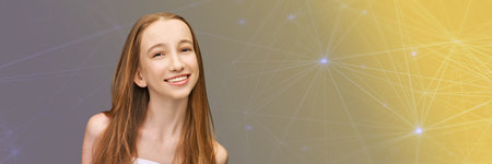 Cosmetology concept. Skin care product. Female portrait. Face mask. Home peeling. Grey background. Copyspace. Facial lifting treatment. Dermatology beauty model. Happy smileの写真素材