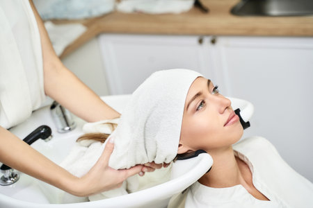 Long hair procedure. Hairwash at salon. Woman master. Hand with towel. Adult female person. Studio equipment. Lady preparation. Copyspace. Barber therapy. Lifestyleの写真素材
