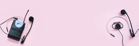 Translation center. Set for telemarketing. Manager customer. Listening operator. Flatlay. Person...