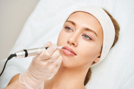 Permanent makeup. Beauty spa procedure. young woman. Face tattoo. Lip micropigmentation. Professional face microblading. Female cosmetology device. Copyspace. Mouth treatment. Dermatologyの写真素材