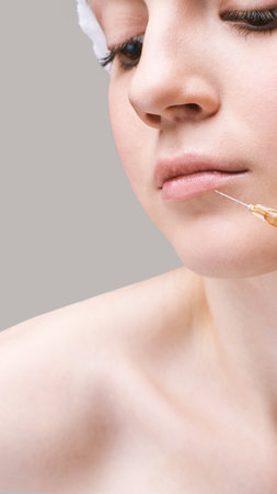 Lips injection at spa salon. Doctor hands. Pretty female patient. Beauty treatment. Healthy skin procedure. Young woman face. Grey background. Plasmolifting rejuvenation. Dermatology maskの写真素材