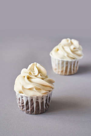 Milky cream cupcake. Birthday sweet bakery. Cookies. Yummy buttercream dessert. Wedding party food. Grey background. Holiday recipe. Anniversary gourmet. Two piecesの写真素材