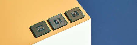 Isometry trendy cube concept. Computer cpu module. Yellow and blue. Retail technology shop. Chip...