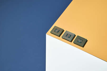 Isometry trendy cube concept. Computer cpu module. Yellow and blue. Retail technology shop. Chip...
