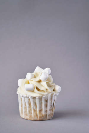Milky cream cupcake. Birthday sweet bakery. Cookies. Yummy buttercream dessert. Wedding party food. Grey background. Holiday recipe. Anniversary gourmet. One pieces. Marshmallowの写真素材