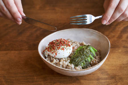 Green buckwheat with poached egg and avocado.