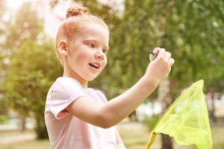 Little girl playing with butterfly net. Summer adventure. Happy toddler. Catch bug scoop.の写真素材