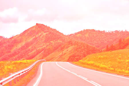 Vacation roadtrip landscape. Russian Altai mountains. Multa region. Holiday at home. Staycation...