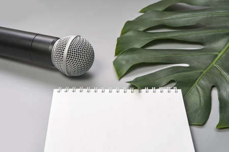 Podcast concept. Black microphone, content notebook, monstera leaf. Audio music device. Recording production flatlay. School knowledge equipment. Home online teaching. Grey backgroundの写真素材