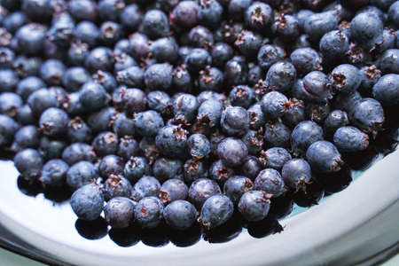 Garden purple berry. Shadberry. Nature breakfast vegan ingredient. Fresh summer food. Round sweet texture on plateの写真素材