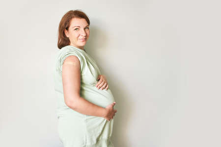 Pregnant woman visit doctor center. Gynecology maternity treatment. Vaccine bandage. Medical...