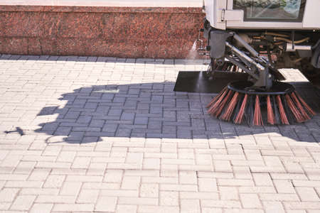 Street cleaner. Sweeper truck machine. Compact technology worker. City hygiene serviceの写真素材