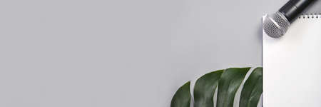 Podcast concept. Black microphone, content notebook, monstera leaf. Audio music device. Recording production flatlay. School knowledge equipment. Home online teaching. Grey backgroundの写真素材