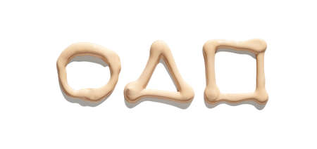 Squid game symbols. Foundation liquid product. Tv show makeup swatch. BB brown moisturizer. Tonal base stroke. Triangle, circle, rectangle. White background isolatedの写真素材