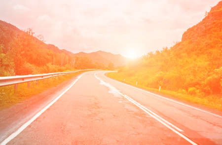 Vacation roadtrip landscape. Russian Altai mountains. Multa region. Holiday at home. Staycation concept. Long distanse road. Reduce carbon footprint. Sustainable lifestyle. Holiday trail. Local travelの写真素材