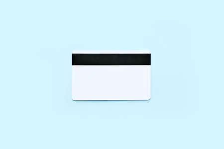 Plastic credit card mockup. Color blue and white background. Atm empty debit payment. Currency...