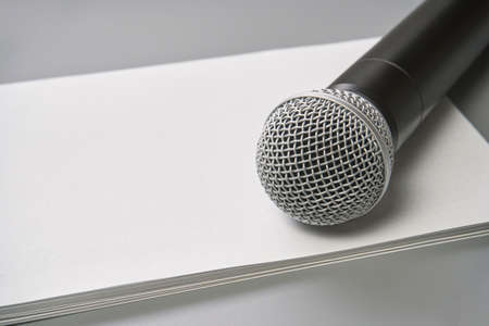 Podcast concept. Black microphone, content notebook, monstera leaf. Audio music device. Recording...