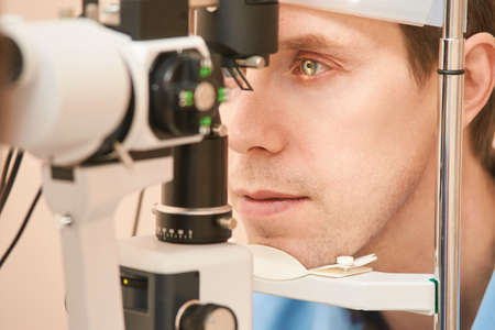 ophthalmologist medical patient. Eye clinic treatment. Hospital optics equipment. Choosing vision...
