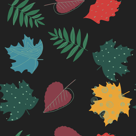 Fall leaf vector illustration. Seamless pattern. Hand drawn colorful design. Isolated graphic symbols. Autumn art sign. Nature abstract concept. Organic line elementsのイラスト素材