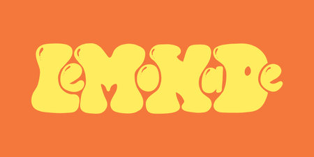 Fresh cold lemonade phrase. Refreshing summer drink text. Hand drawing lettring vector. Hatural homemade cocktail label. Isolated decorative design. Yellow and orangeのイラスト素材