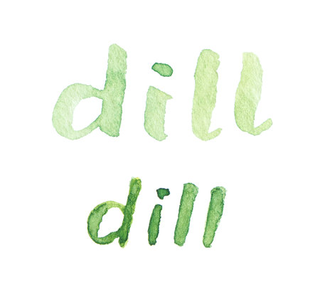 Dill. Watercolor bunch of fresh organic garden herbs lettering. Greens leaf growing from ground. Set of different cooking spices illustration. Hand drawing kitchen plant wordの写真素材