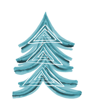 Blue stroke watercolor tree. Black digital line.Summer flora branch. Beautiful plant illustration. Sketch texture hand drawing art. Fir woods aquarelle card. Design pine element. Isolated backgroundの写真素材