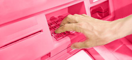 Man enter pin code at ATM security keyboard. Service people hand. Credit card service. Safety...
