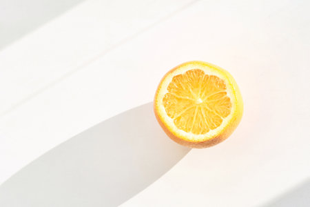Summer coral orange slice. Citrus food diet. Fruit round juicy concept. Modern sweet cut...