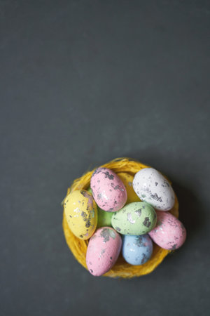 Eggs set. Many food protein. Colorful bright on black background. Soft shadow. Easter package. Color decorative paint art. Traditional cuisine top view. Flatlayの写真素材