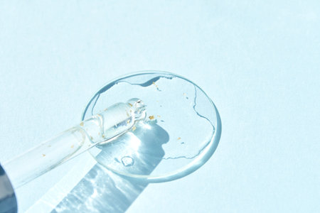 Serum gel texture swatch. Transparent drop with golden sparkles. Blue background. Face skincare...