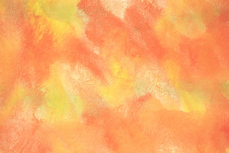 Watercolor autumn texture background. Orange and yellow abstract landscape gradient. Peach batik graphic. Fall color painting. Design illustration brush stroke. Aquarelle art backdropの写真素材