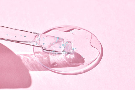 Serum gel texture swatch. Transparent drop with golden sparkles. Pink background. Face skincare product. Liquid oil essence. Beauty collagen splash. Organic peeling treatment. Body health careの写真素材