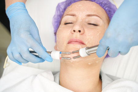Dermatology anti age treatment. Microcurrent medicine procedure. Woman skin care. Aesthetic peeling therapy. RF equipment. Cosmetology device at spa. Doctor hands in gloves. Wrinkle reductionの写真素材