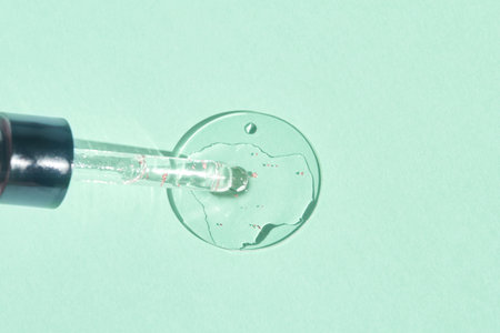 Skincare concept with serum dropper and liquid on light green background for beauty and wellness designの写真素材