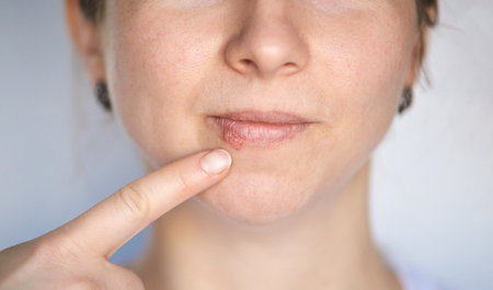 Skin care and lip health awareness with close up focus on cold sore and finger pointing for...