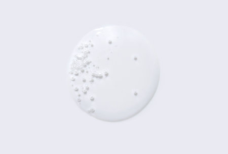 Abstract minimalistic white circle with bubbles on gray background: modern clean designの写真素材